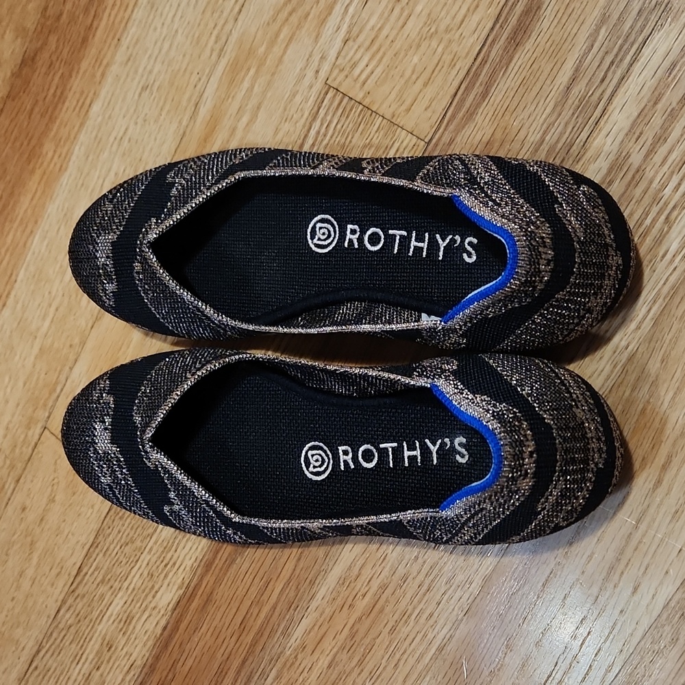Rothy's black gold shimmer ballet flats shoes, size 7.5